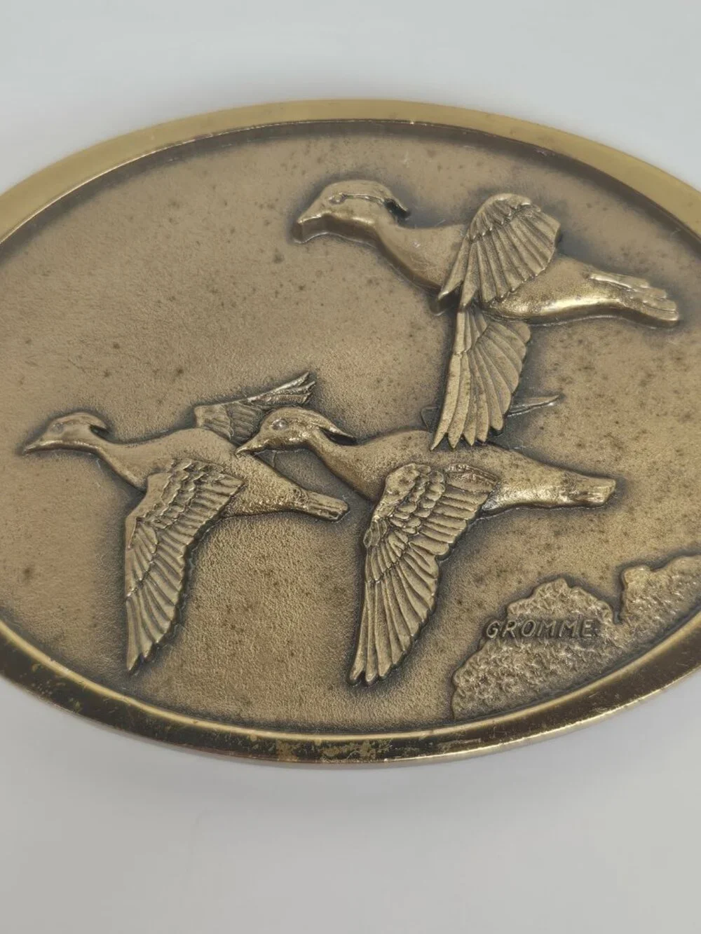 Owen Gromme Designed Three Wood Ducks Over Marsh 1980's Brass Tone Belt Buckle
